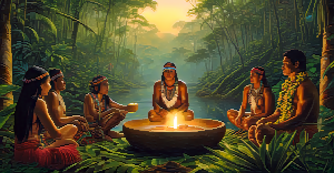 A peaceful scene of an ayahuasca ceremony in the Amazon rainforest, with participants sitting in a circle and a shaman in the center holding a cup, surrounded by vibrant plants and mist.