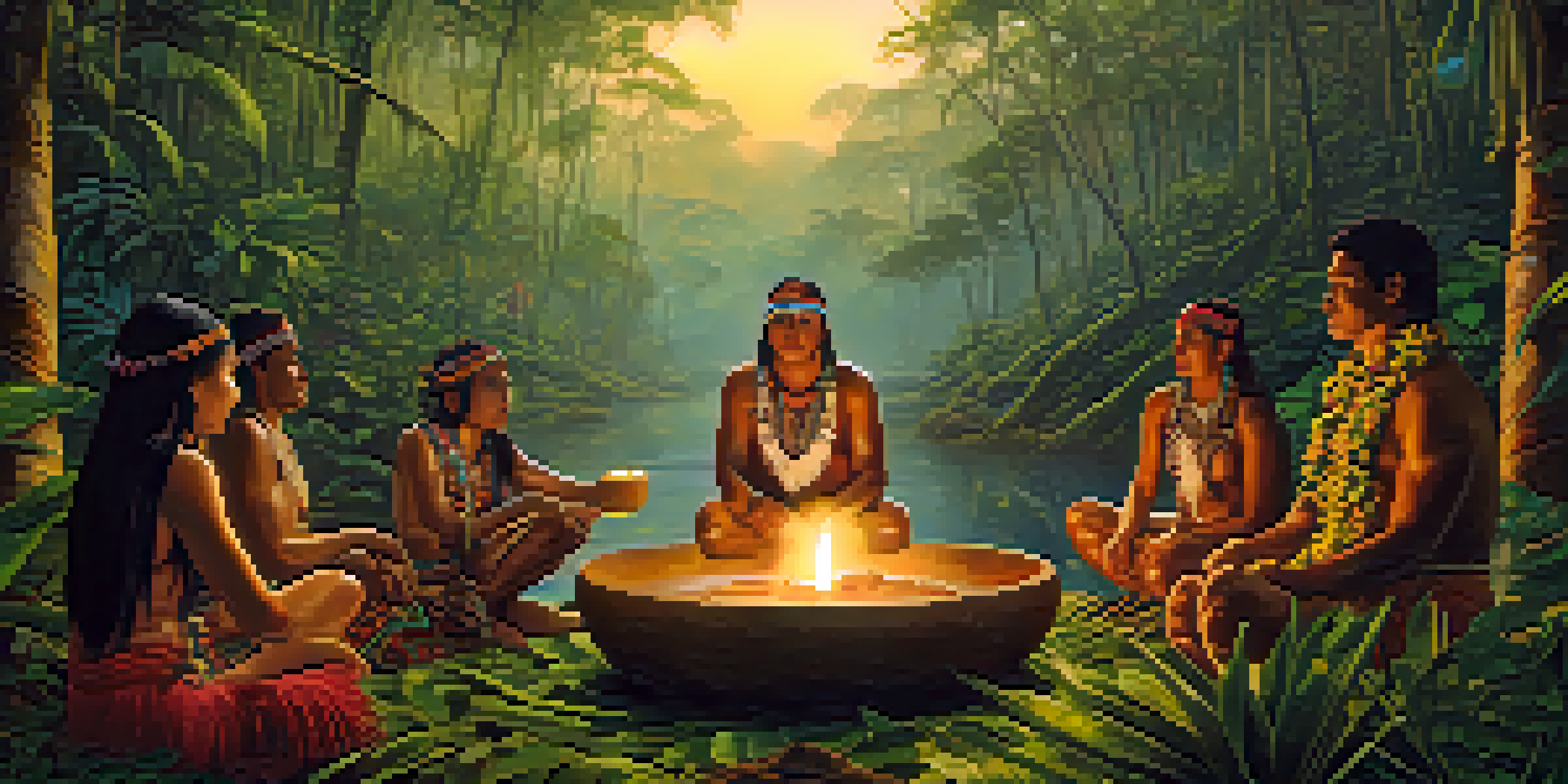 A peaceful scene of an ayahuasca ceremony in the Amazon rainforest, with participants sitting in a circle and a shaman in the center holding a cup, surrounded by vibrant plants and mist.