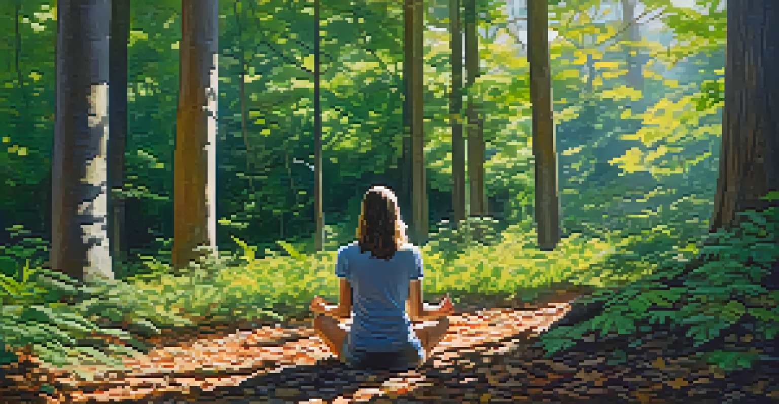 A person meditating on the forest floor, surrounded by tall trees and sunlight filtering through the leaves.