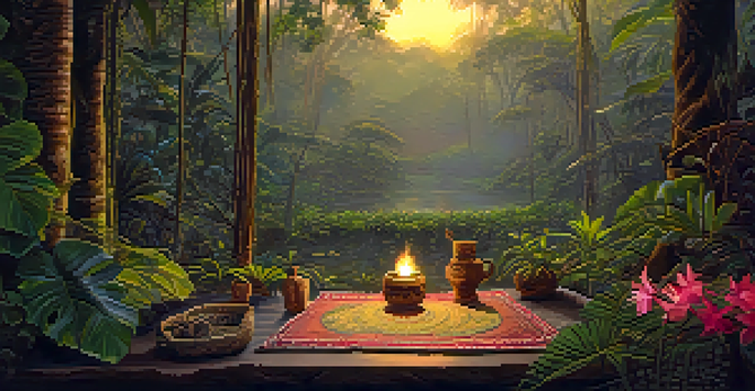 A tranquil Amazon rainforest at twilight with soft golden light, featuring a traditional Ayahuasca ceremony setup with a mat and flowers.