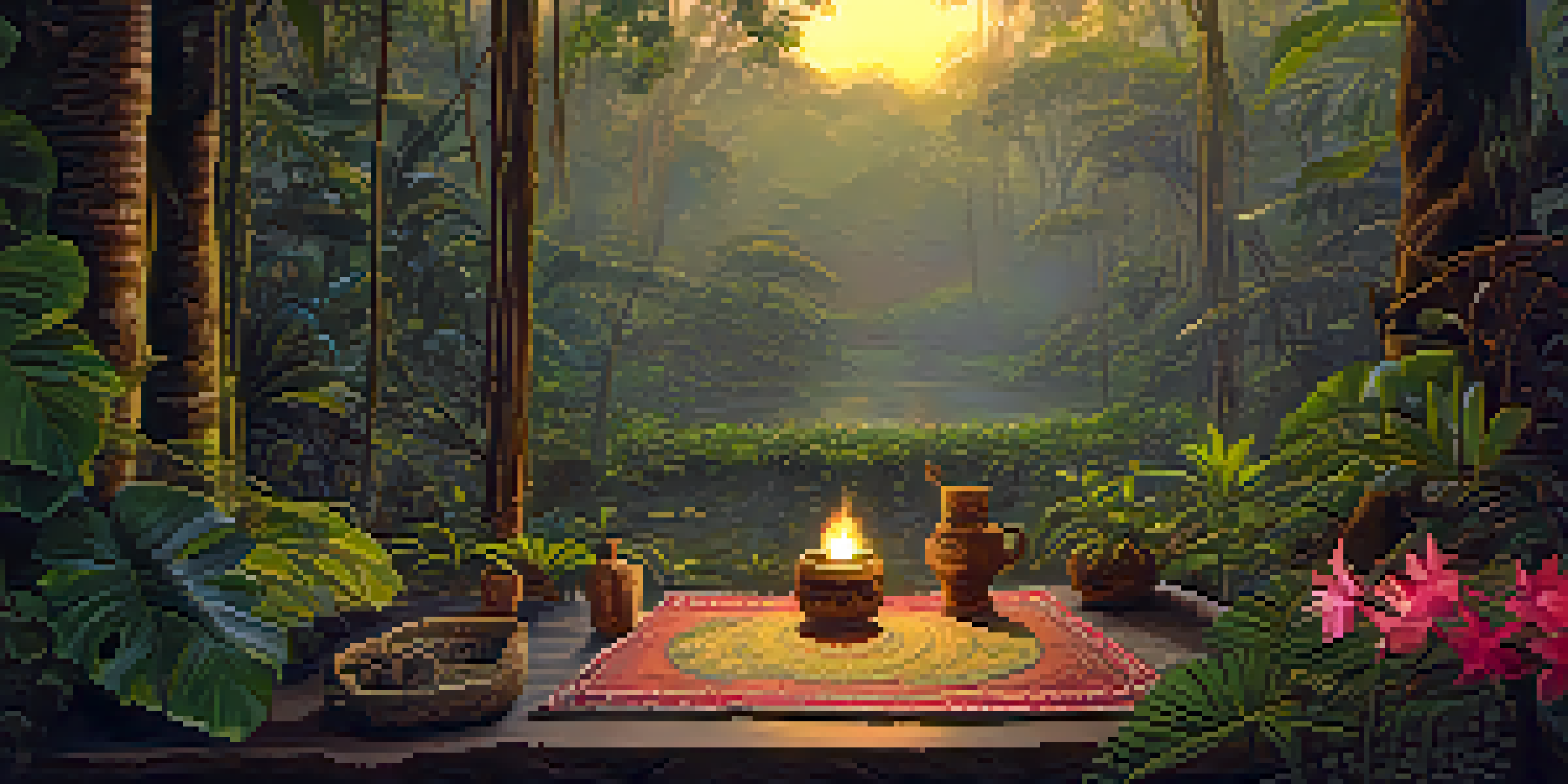 A tranquil Amazon rainforest at twilight with soft golden light, featuring a traditional Ayahuasca ceremony setup with a mat and flowers.