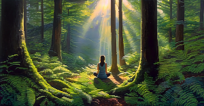 A person meditating in a sunlit forest clearing surrounded by green ferns and wildflowers.