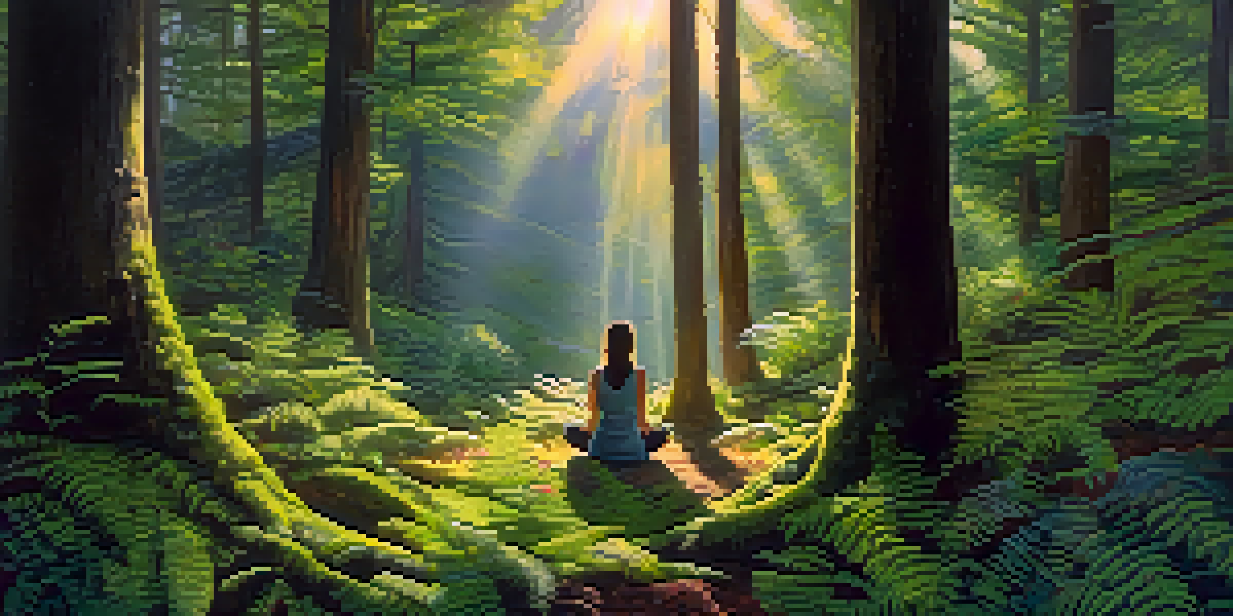 A person meditating in a sunlit forest clearing surrounded by green ferns and wildflowers.