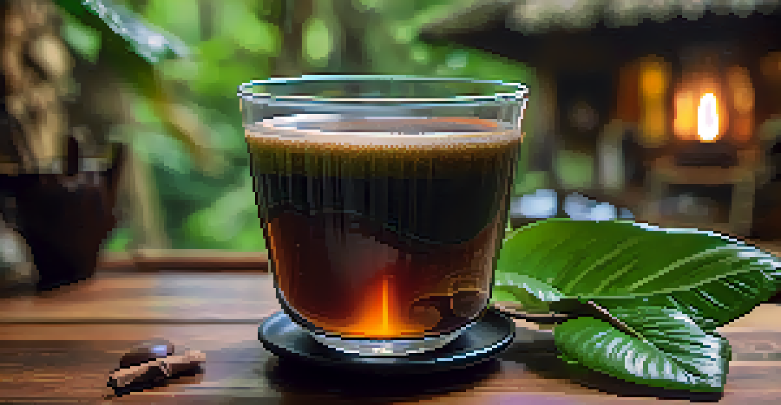 A close-up view of a dark ayahuasca brew in a glass cup on a wooden table, surrounded by blurred greenery and shamanic artifacts.