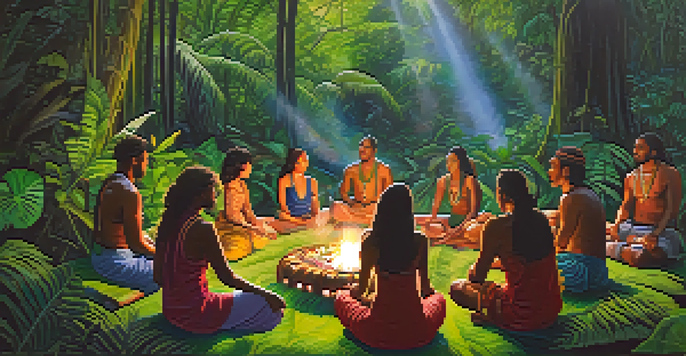 A peaceful ayahuasca ceremony set in a lush rainforest with participants sitting in a circle around a glowing fire, surrounded by vibrant plants.