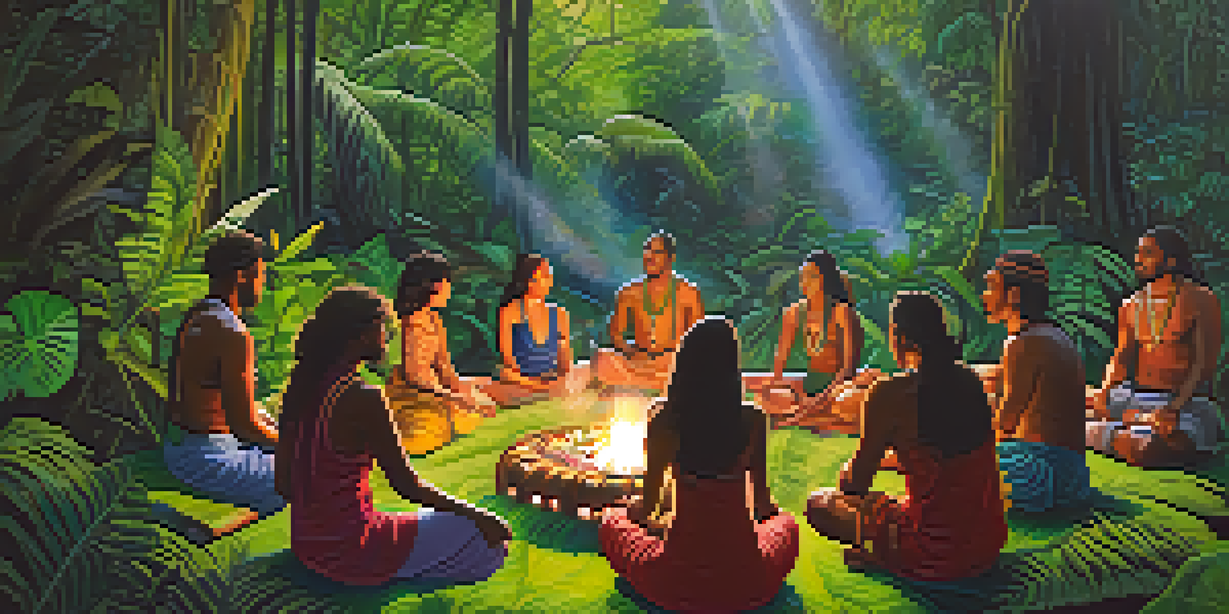 A peaceful ayahuasca ceremony set in a lush rainforest with participants sitting in a circle around a glowing fire, surrounded by vibrant plants.