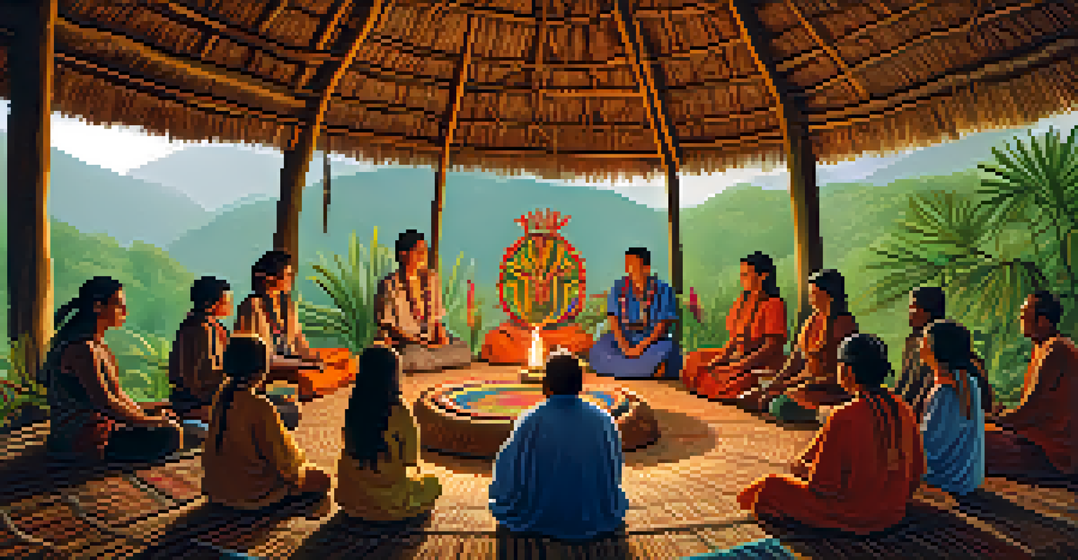 A warm ayahuasca ceremony scene with participants seated in a circle, a shaman holding a ceremonial cup, and candles illuminating the space.