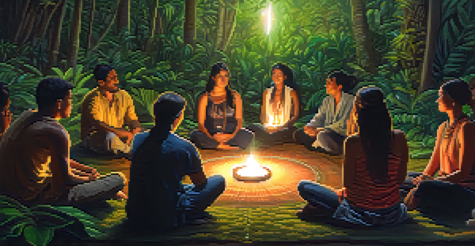 A group of participants in a circle during an Ayahuasca ceremony, surrounded by greenery and lanterns, reflecting a sense of community.