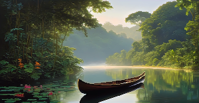 A peaceful Amazon rainforest at dawn with a misty landscape, lush greenery, and a wooden canoe at the riverbank.