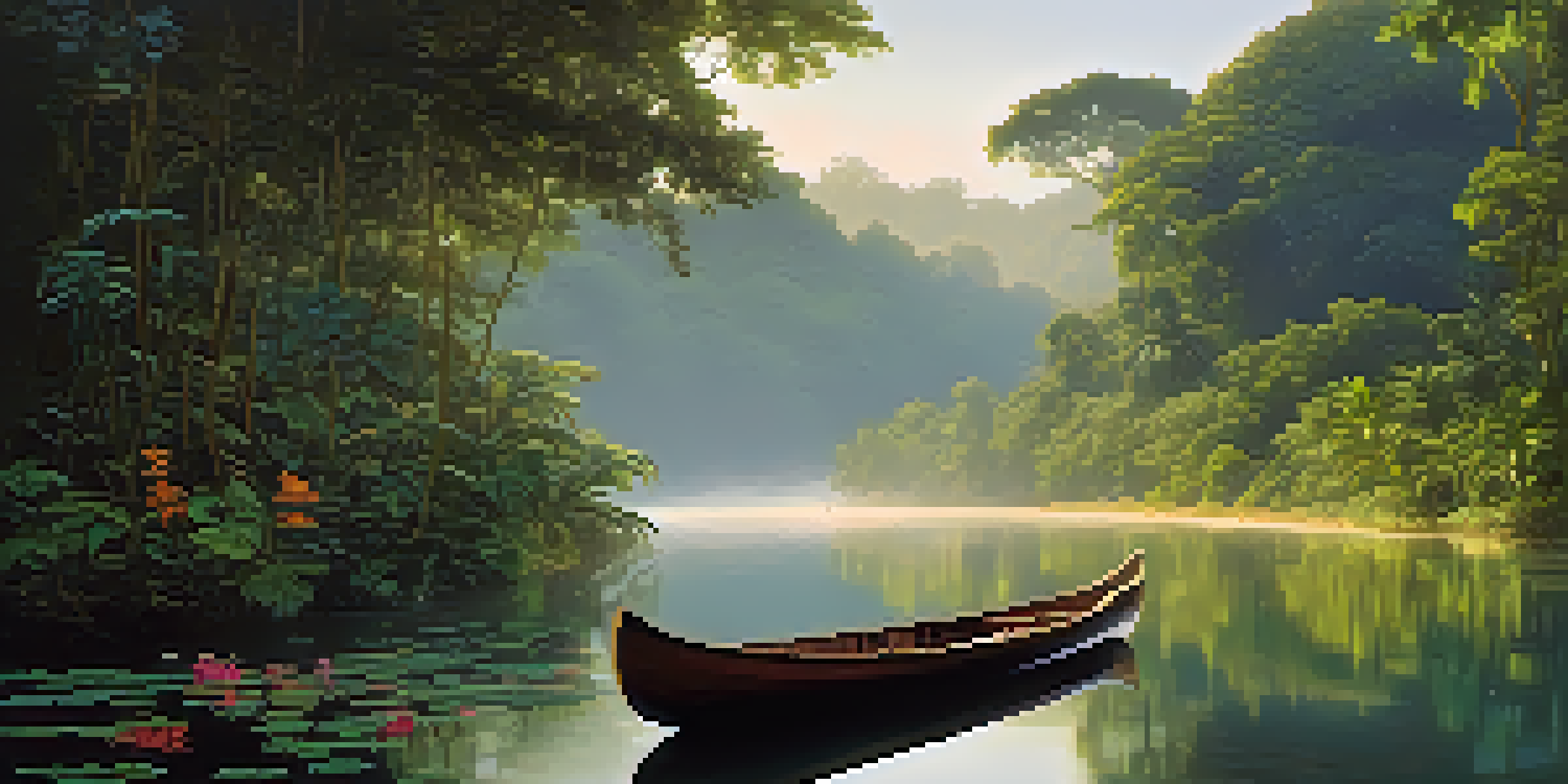 A peaceful Amazon rainforest at dawn with a misty landscape, lush greenery, and a wooden canoe at the riverbank.