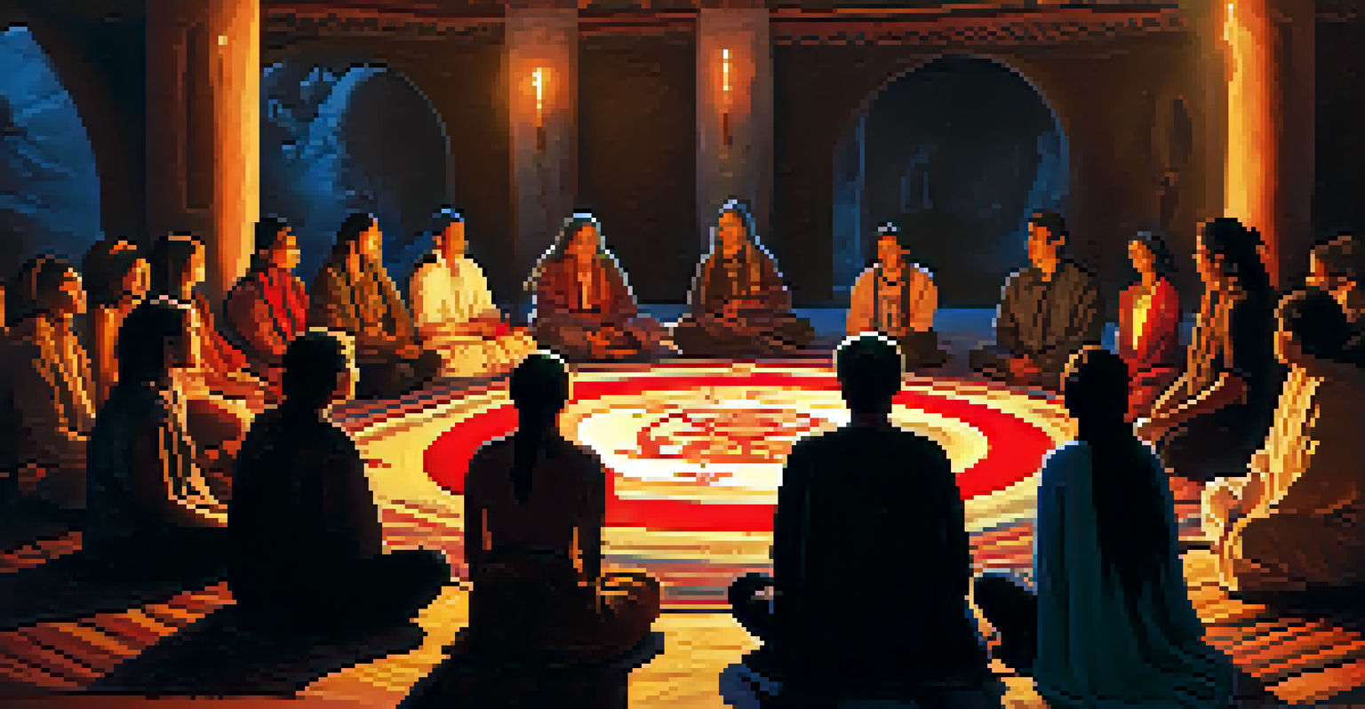 A candle-lit ceremony with participants seated in a circle around a shaman, surrounded by colorful fabrics and symbols.