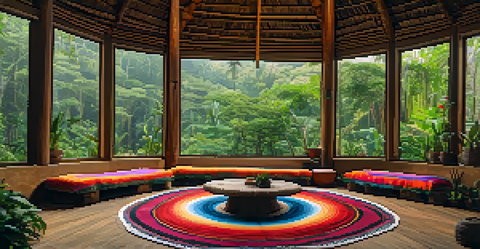 A cozy ayahuasca retreat center with natural wood, warm lighting, and colorful textiles, inviting participants to sit for a ceremony.