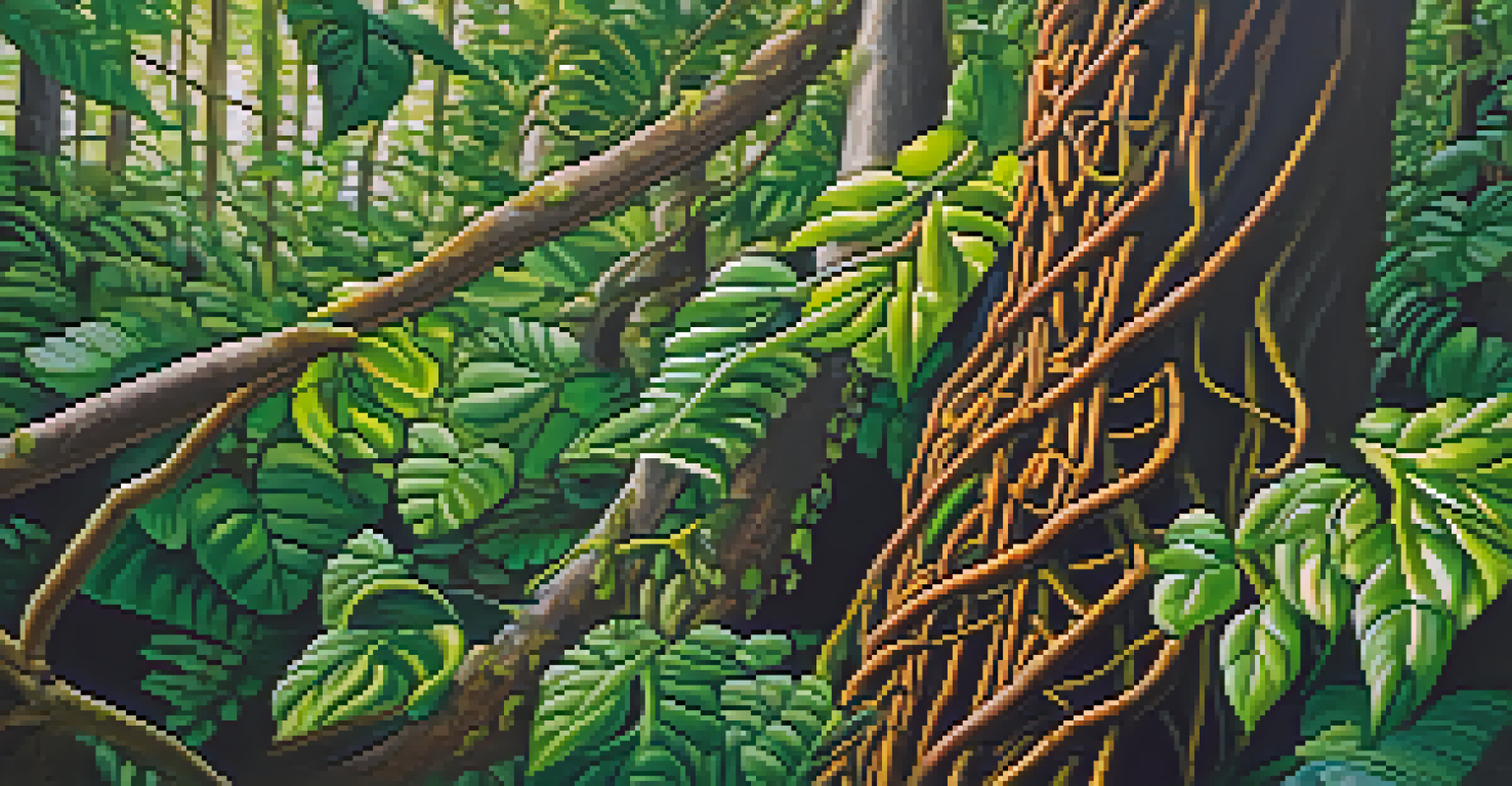 Close-up of the Banisteriopsis caapi vine with green leaves, showcasing its texture and the interplay of light in a forest.