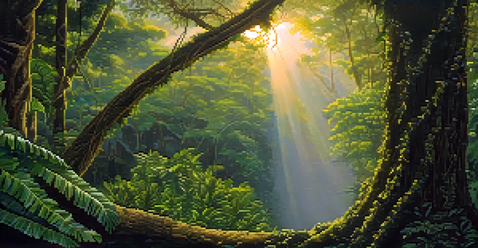 A peaceful scene of the Amazon rainforest at dawn with a vine and soft sunlight filtering through the leaves.