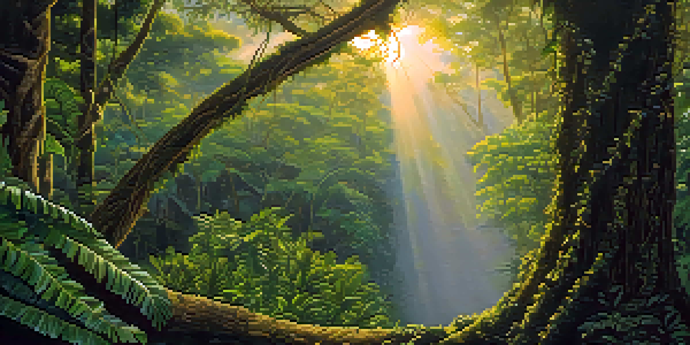 A peaceful scene of the Amazon rainforest at dawn with a vine and soft sunlight filtering through the leaves.