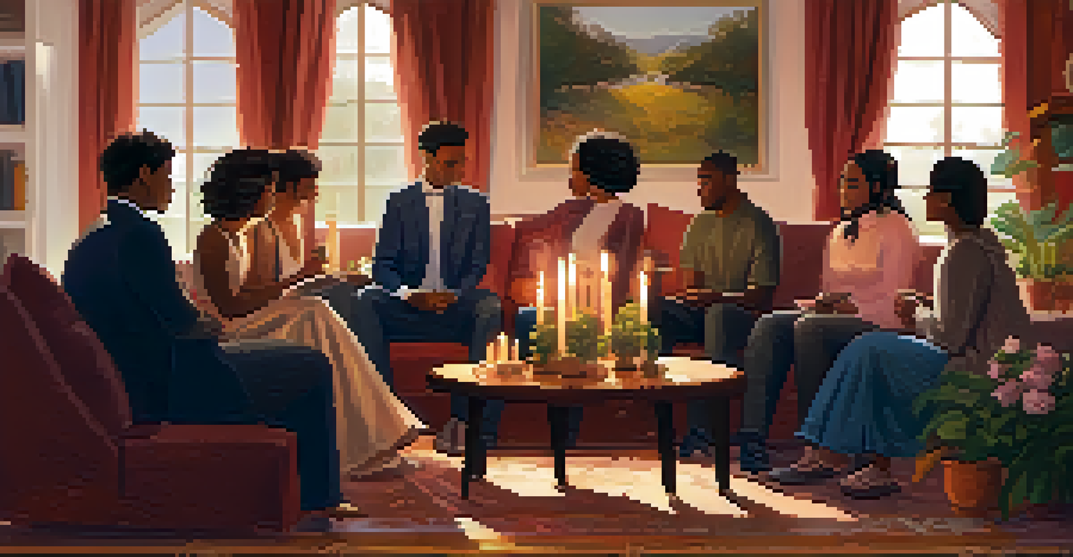 A cozy room where participants share their experiences after an Ayahuasca ceremony, surrounded by soft candlelight and comfortable seating.