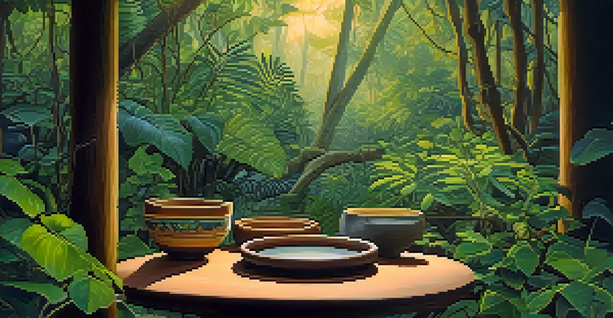 A peaceful jungle scene with a vine, a clay cup of Ayahuasca, and colorful flowers illuminated by warm light.