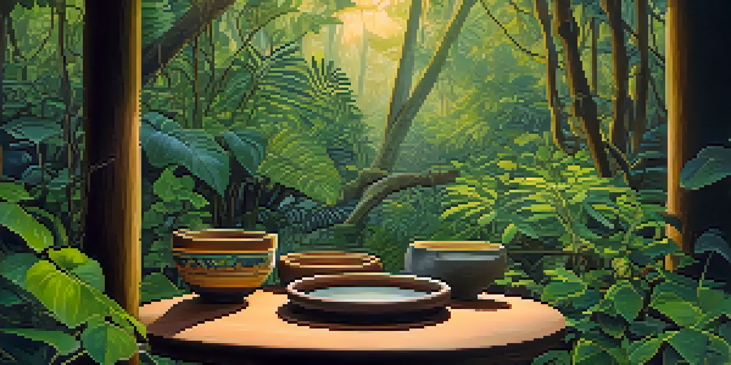 A peaceful jungle scene with a vine, a clay cup of Ayahuasca, and colorful flowers illuminated by warm light.