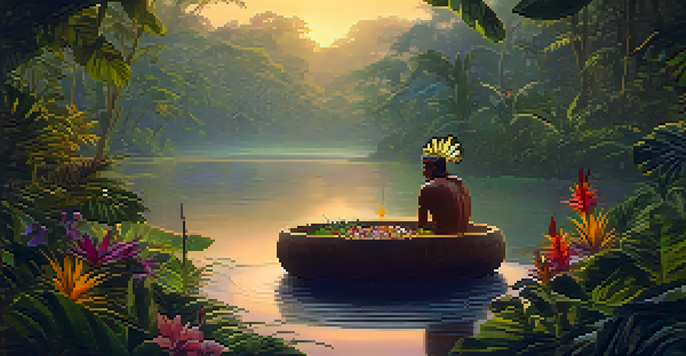 A shaman in traditional attire preparing Ayahuasca in a wooden bowl, surrounded by a misty Amazon rainforest at dawn.
