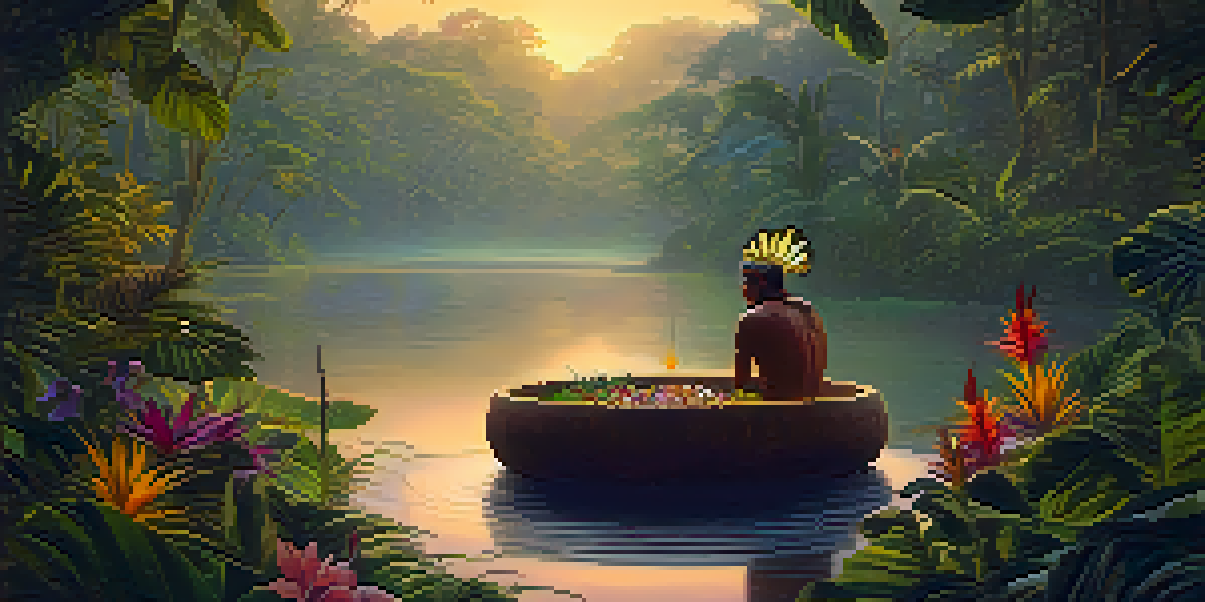A shaman in traditional attire preparing Ayahuasca in a wooden bowl, surrounded by a misty Amazon rainforest at dawn.