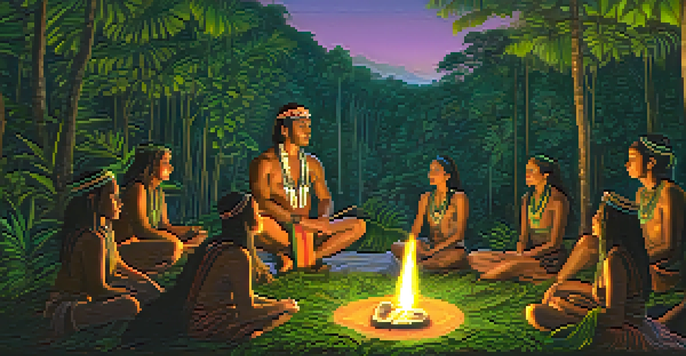 A tranquil scene depicting an Ayahuasca ceremony in the Amazon rainforest, featuring participants in a circle and a shaman in traditional attire.