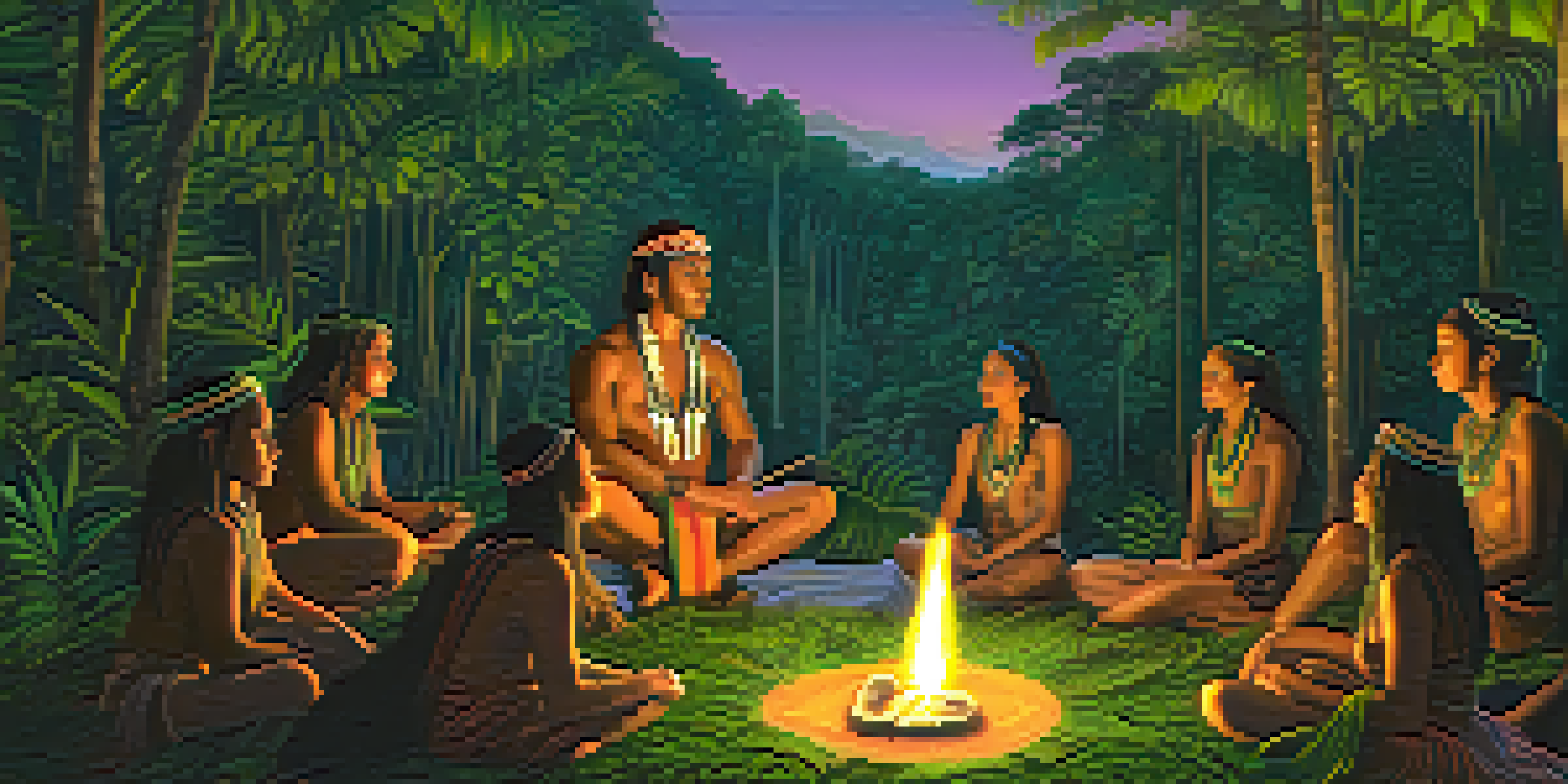 A tranquil scene depicting an Ayahuasca ceremony in the Amazon rainforest, featuring participants in a circle and a shaman in traditional attire.