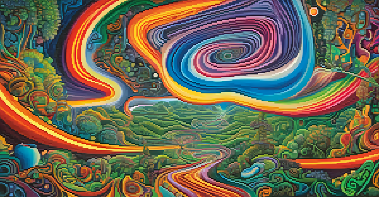 An abstract artwork illustrating the vibrant and swirling patterns of the Ayahuasca experience, with a blend of colors representing altered states of consciousness.