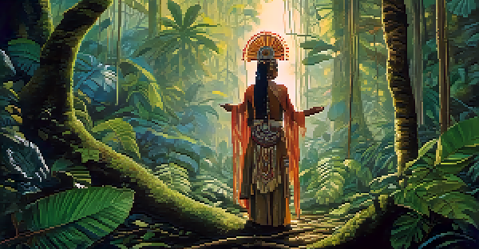 A peaceful Amazon rainforest at dawn with a shaman performing a ritual amidst lush greenery and soft sunlight.