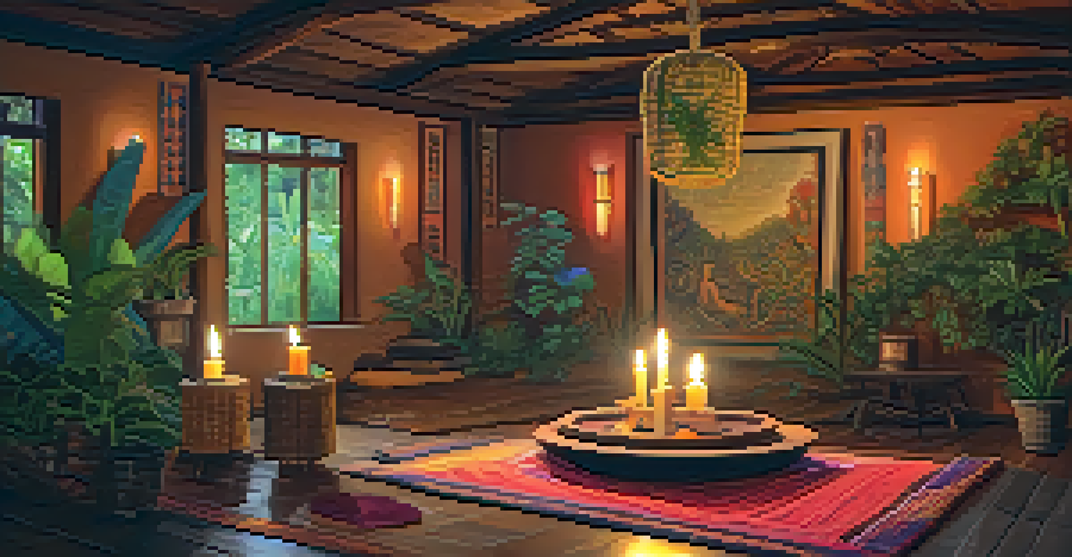 A cozy room decorated for an Ayahuasca ceremony, featuring a ceremonial bowl and warm candlelight.