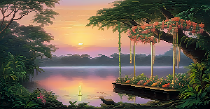 A tranquil Amazonian landscape at dusk with the Banisteriopsis caapi vine, a serene river reflecting the sunset, and a traditional shamanic altar adorned with flowers and candles.