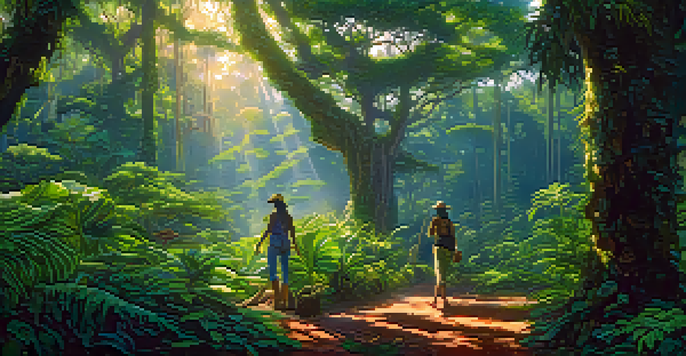 A farmer tending to ayahuasca plants in a lush green Amazon rainforest, surrounded by diverse native vegetation and dappled sunlight.