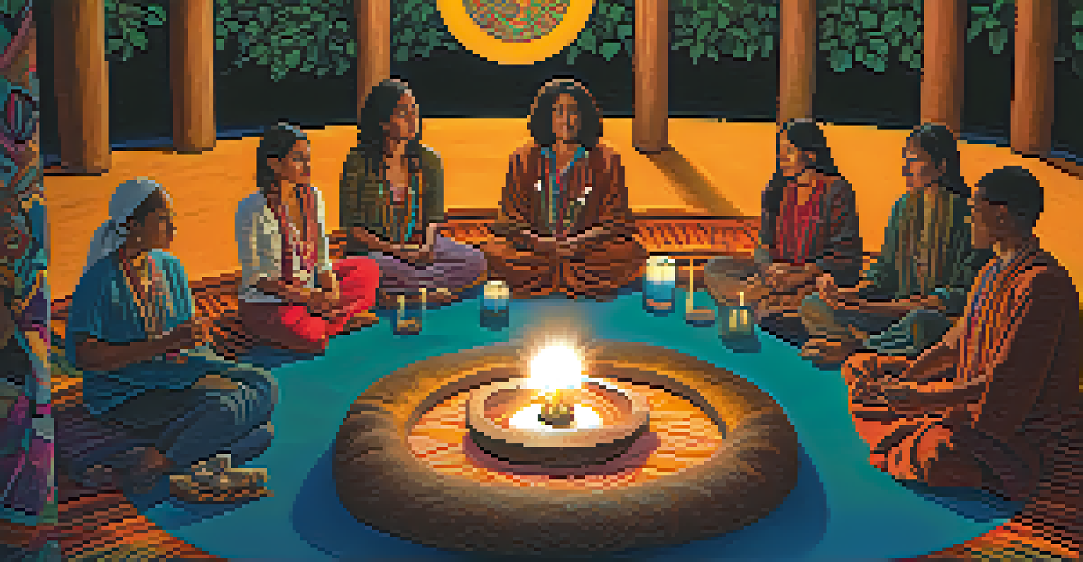 A group of diverse people sitting in a circle during an ayahuasca ceremony, surrounded by candles and warm ambient lighting.