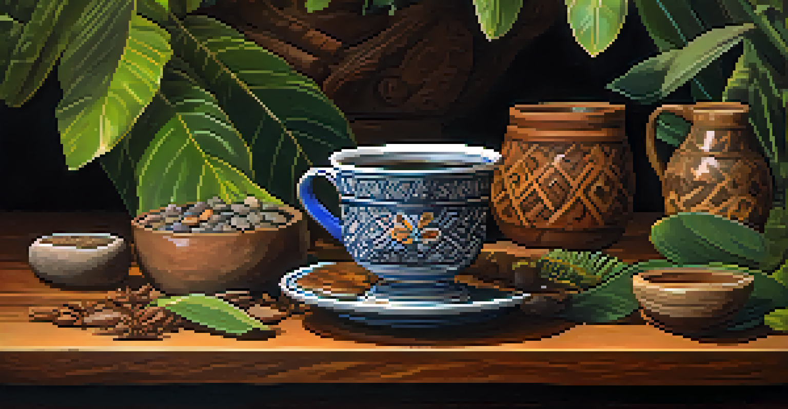 A close-up of ayahuasca brew in a ceramic cup on a wooden table, surrounded by natural elements like leaves and flowers, enhanced by warm lighting.