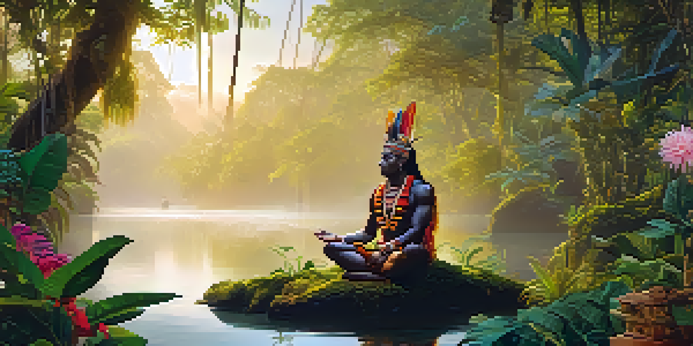 A peaceful Amazonian jungle scene at sunrise, showcasing a shaman in traditional attire surrounded by nature.
