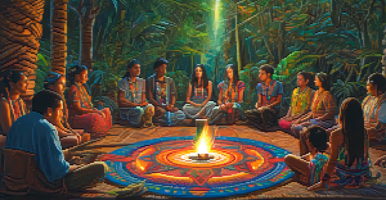 A facilitator guiding an Ayahuasca ceremony, surrounded by attentive participants in a vibrant and sacred setting.