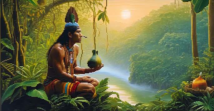 An Indigenous shaman preparing Ayahuasca in the Amazon rainforest at dawn, surrounded by lush greenery and mist.