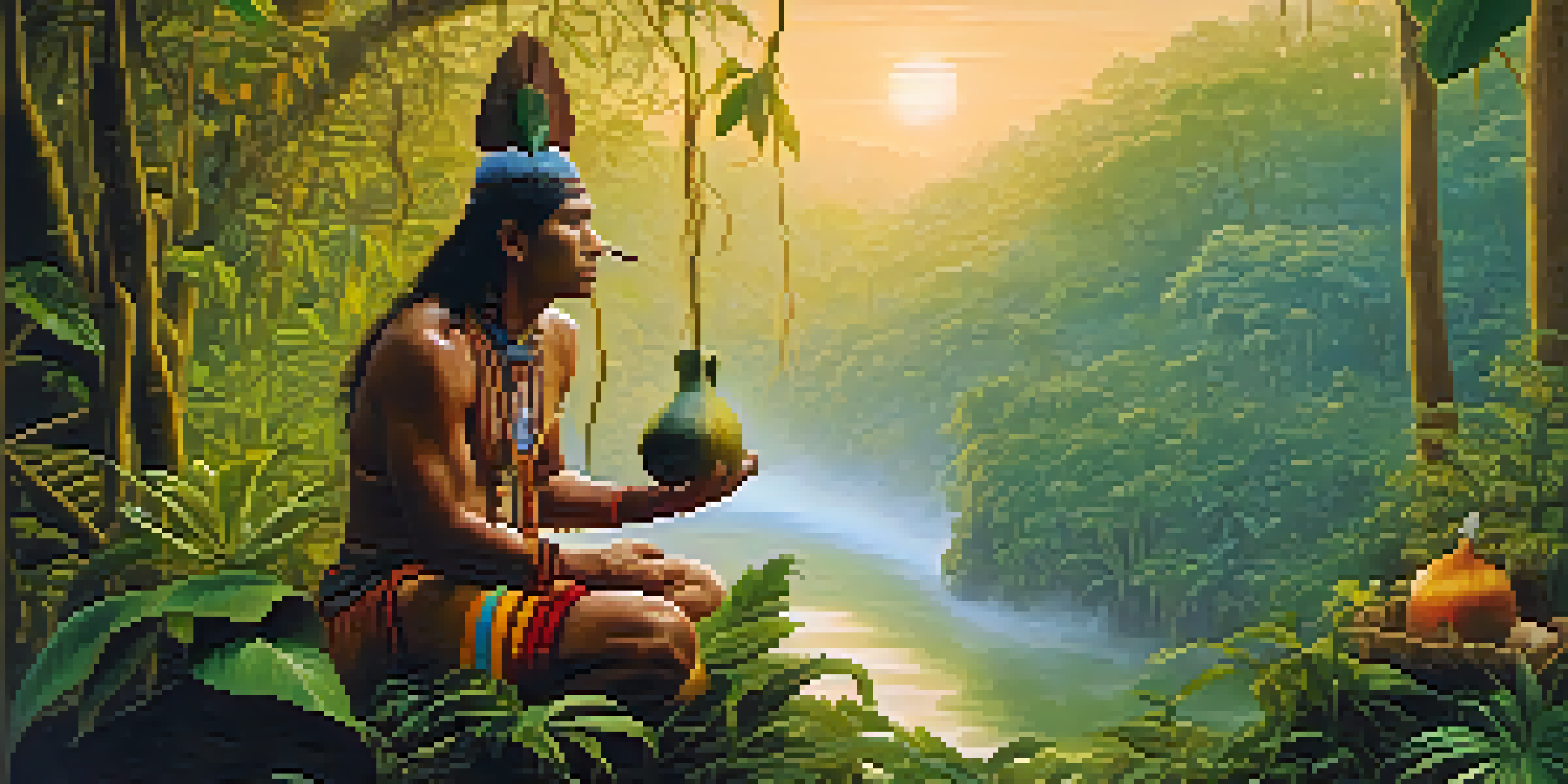 An Indigenous shaman preparing Ayahuasca in the Amazon rainforest at dawn, surrounded by lush greenery and mist.