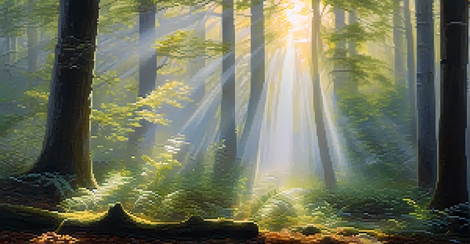 A peaceful forest at dawn with mist, ancient trees, and a white feather on the ground.