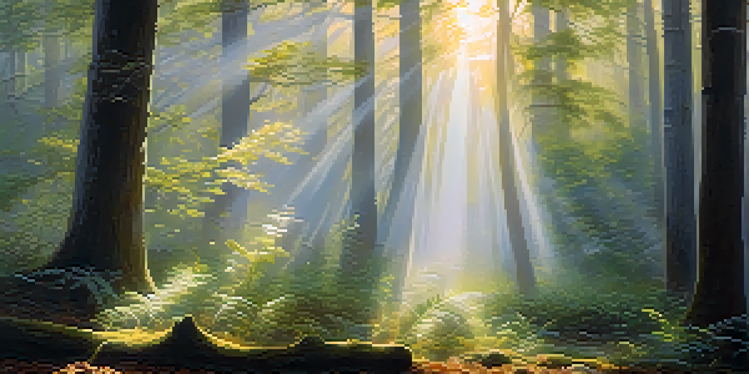 A peaceful forest at dawn with mist, ancient trees, and a white feather on the ground.