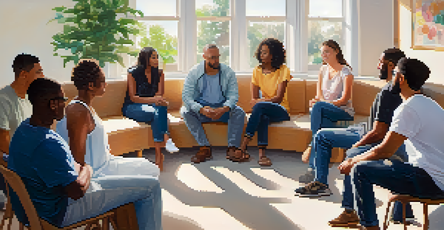 A diverse group of people sitting in a circle in a bright room, sharing experiences during a support group session, with expressions of reflection.