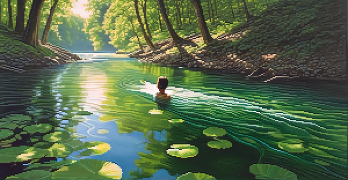 A peaceful river scene with a person floating on their back, surrounded by a lush forest and sunlight filtering through the trees.