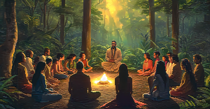 A diverse group of individuals participating in an ayahuasca ceremony in a serene forest, illuminated by the soft golden light of dawn.