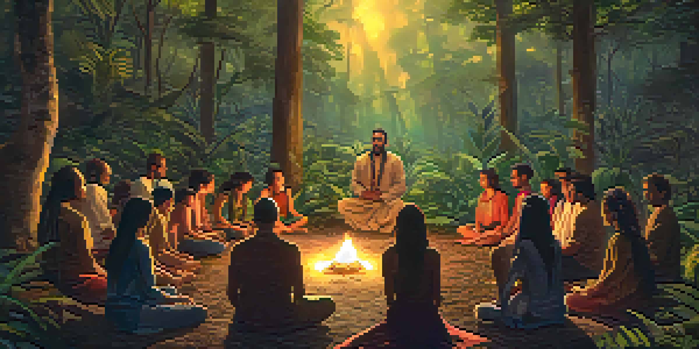 A diverse group of individuals participating in an ayahuasca ceremony in a serene forest, illuminated by the soft golden light of dawn.