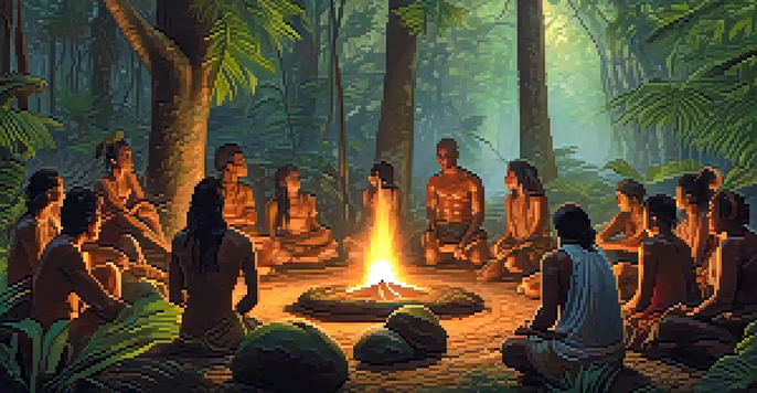 An Amazon rainforest scene with participants gathered around a fire for an ayahuasca ceremony at dawn, surrounded by lush greenery and mist.