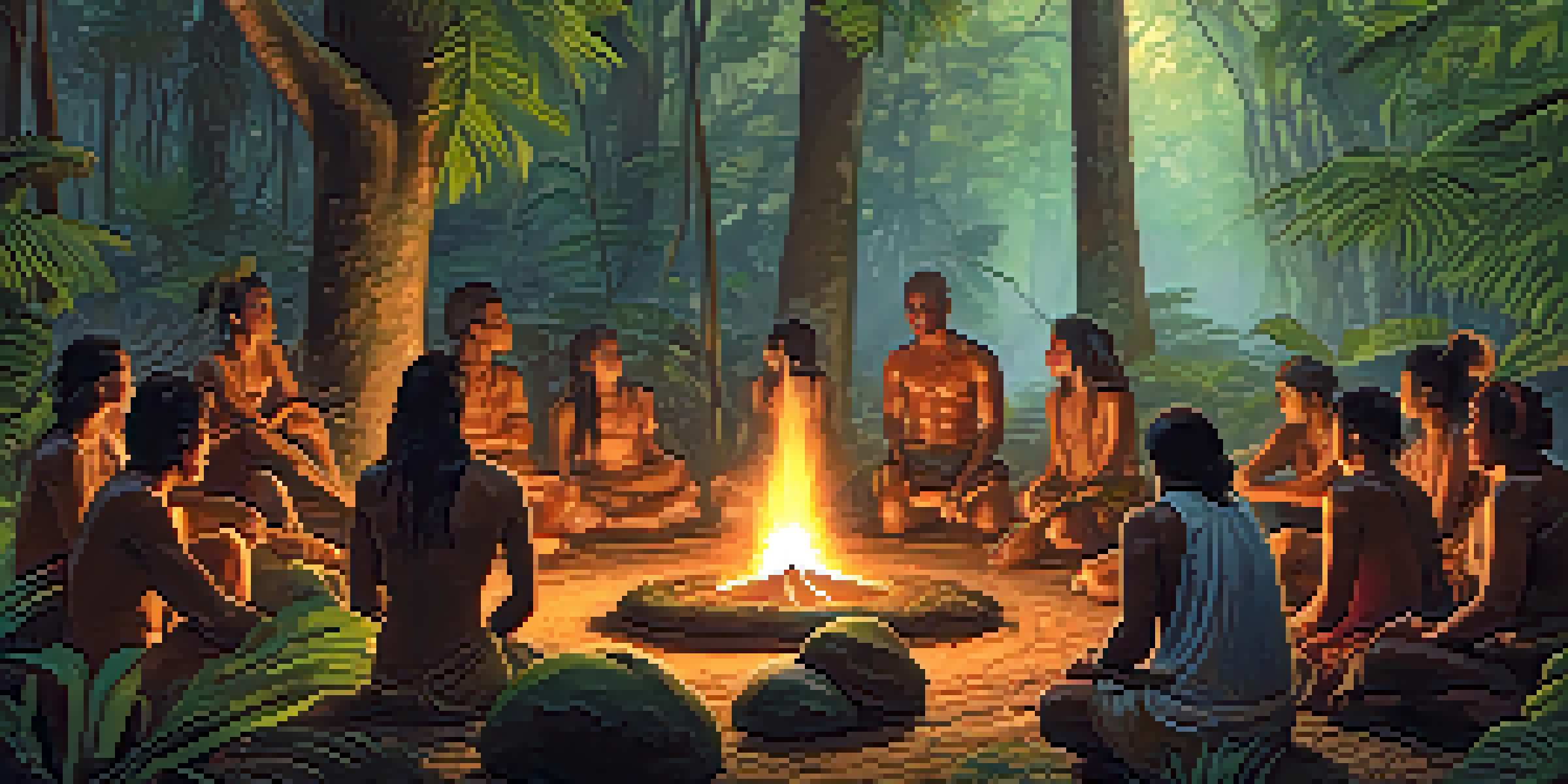 An Amazon rainforest scene with participants gathered around a fire for an ayahuasca ceremony at dawn, surrounded by lush greenery and mist.