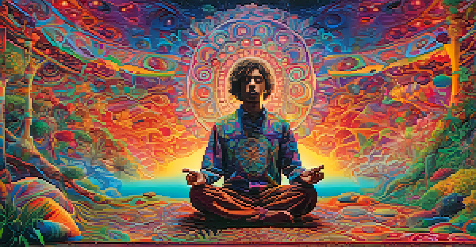 A person sitting cross-legged in nature surrounded by swirling, colorful patterns representing a psychedelic experience.
