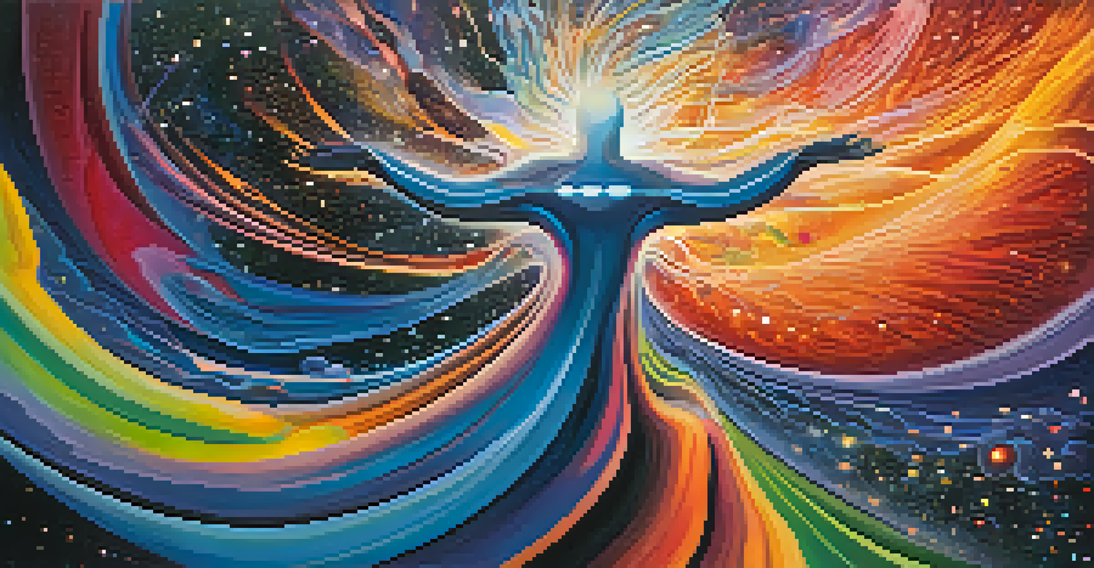 An abstract image of a human figure dissolving into colors and cosmic elements, representing ego dissolution.