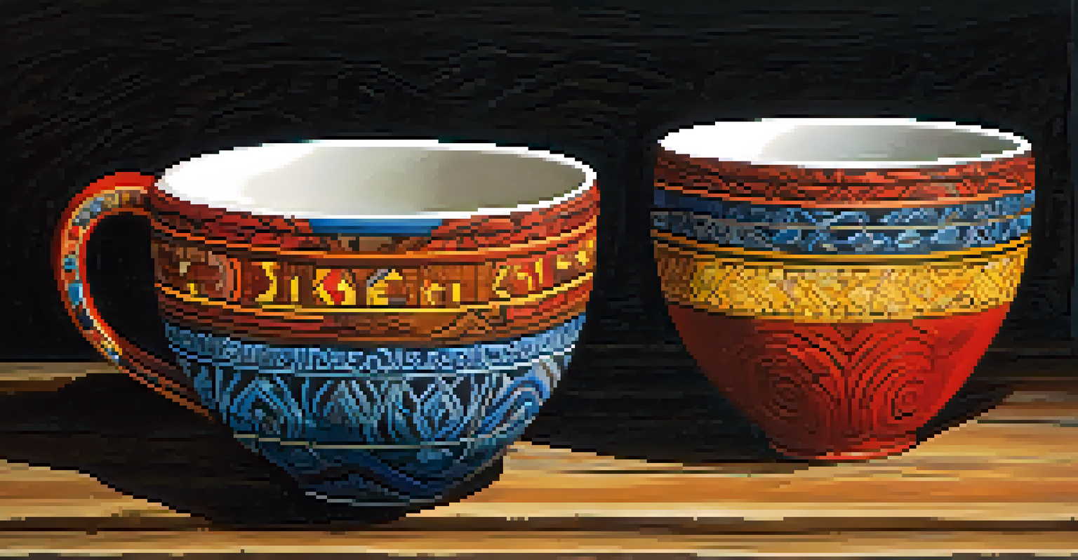 A close-up of a hand-painted Ayahuasca cup with intricate designs on a rustic wooden surface, illuminated by soft natural light.
