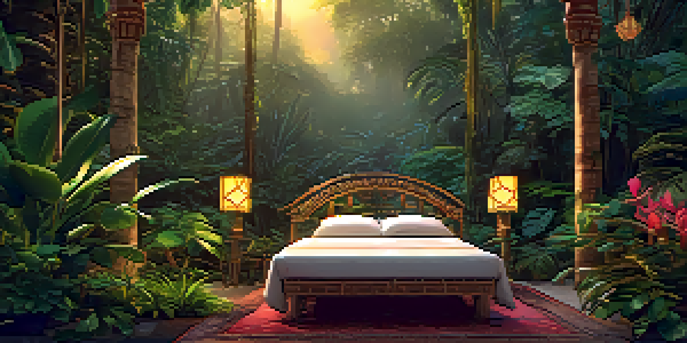 A tranquil scene of the Amazon rainforest at twilight with a vine and a ceremonial altar.