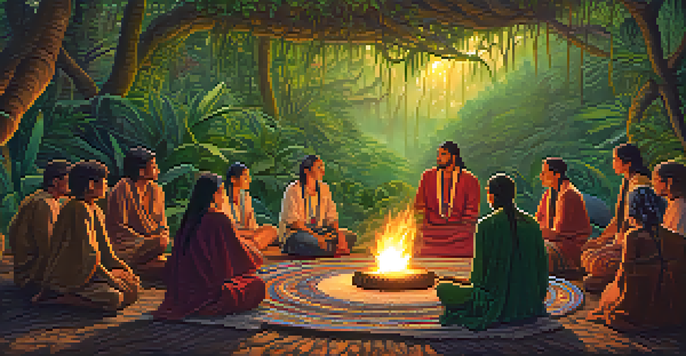 A tranquil Ayahuasca ceremony in a jungle, with participants seated around a bonfire, led by a shaman in traditional attire, surrounded by lush greenery.